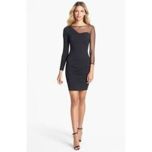 HALSTON HERITAGE Dot Mesh Contrast Ponte Sheath Dress Black Medium